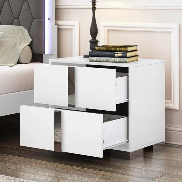 Main image of FstNiceTed Elegant Nightstand with Metal Handle, Mirrored Bedside Table with 2 Drawers for Bedroom, Living Room, White