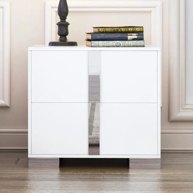 Alt view image 3 of 5 - FstNiceTed Elegant Nightstand with Metal Handle, Mirrored Bedside Table with 2 Drawers for Bedroom, Living Room, White