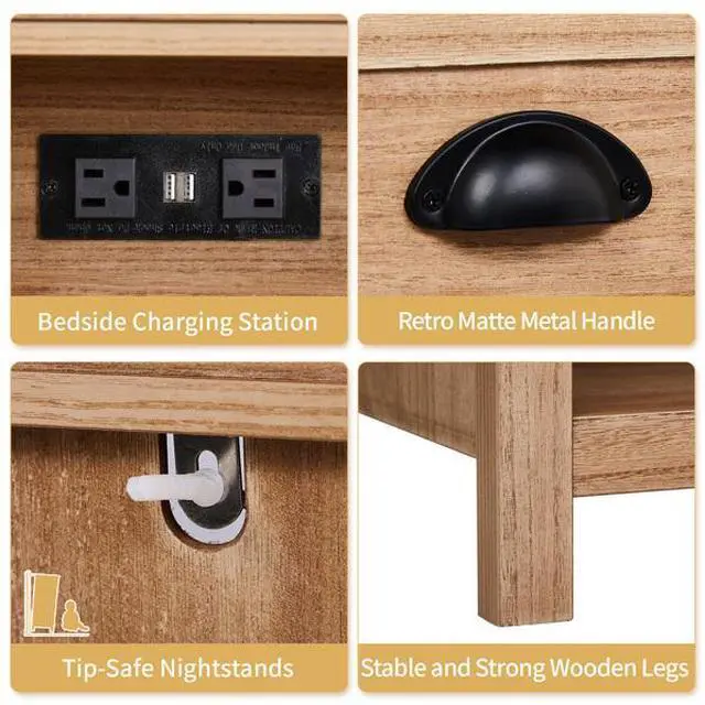 Alt view image 6 of 7 - FstNiceTed Oak color P2 density board + solid wood veneer frame 56*45*65cm one drawer with lower compartment bedside table mid-century modern