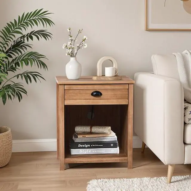 Main image of FstNiceTed Oak color P2 density board + solid wood veneer frame 56*45*65cm one drawer with lower compartment bedside table mid-century modern