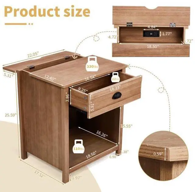 Alt view image 7 of 7 - FstNiceTed Oak color P2 density board + solid wood veneer frame 56*45*65cm one drawer with lower compartment bedside table mid-century modern