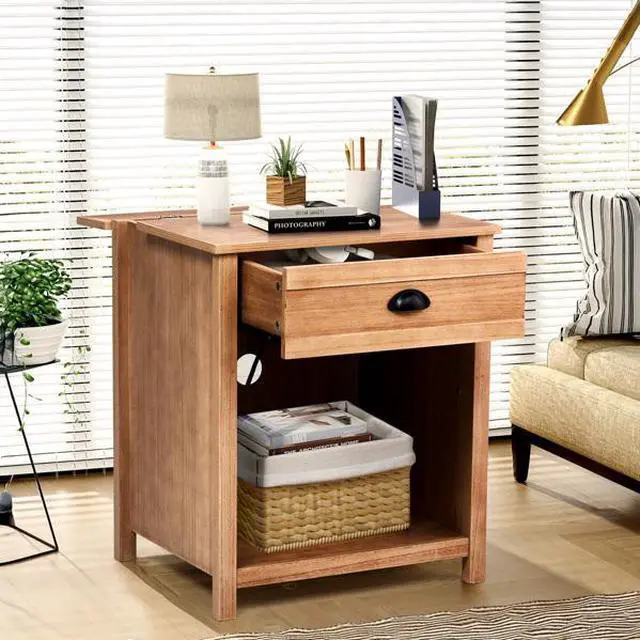 Alt view image 3 of 7 - FstNiceTed Oak color P2 density board + solid wood veneer frame 56*45*65cm one drawer with lower compartment bedside table mid-century modern