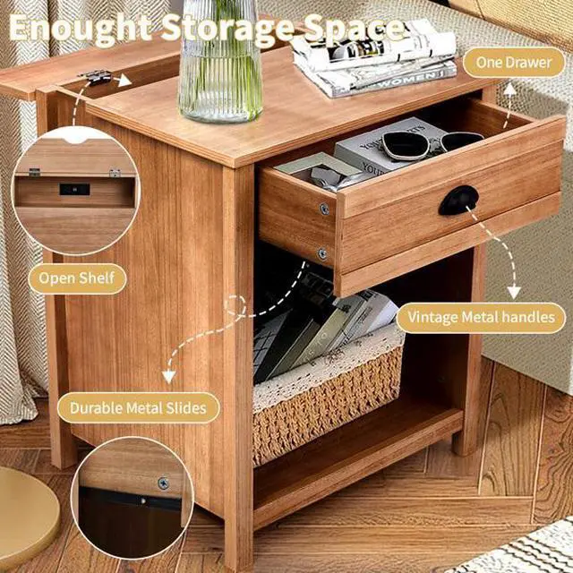 Alt view image 2 of 7 - FstNiceTed Oak color P2 density board + solid wood veneer frame 56*45*65cm one drawer with lower compartment bedside table mid-century modern