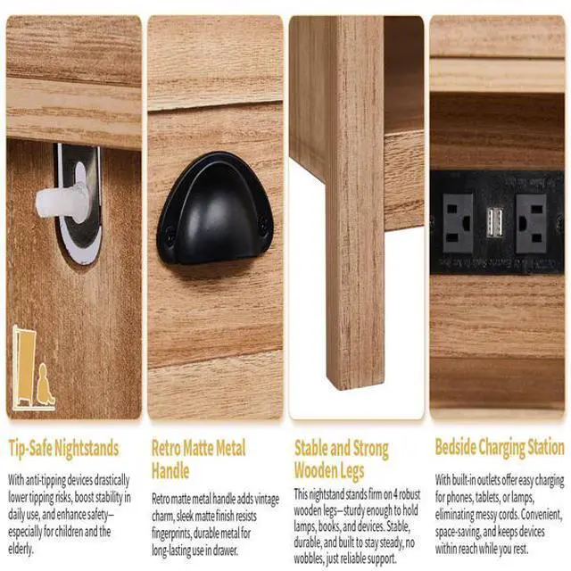 Alt view image 4 of 7 - FstNiceTed Oak color P2 density board + solid wood veneer frame 56*45*65cm one drawer with lower compartment bedside table mid-century modern