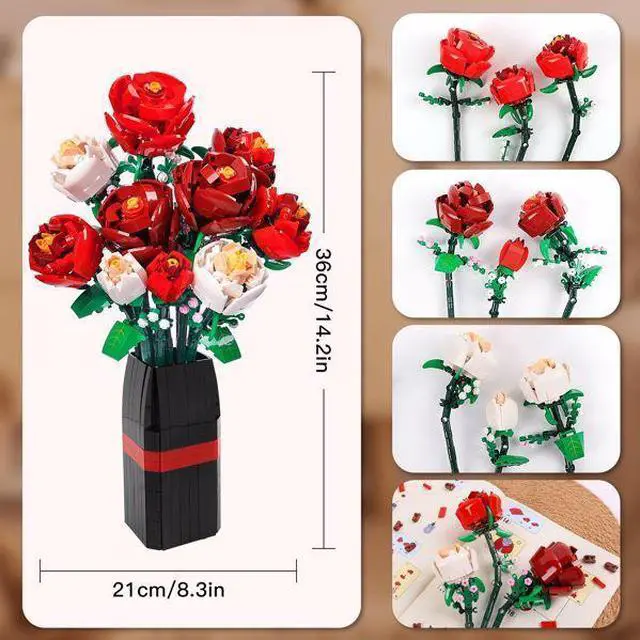 Alt view image 2 of 7 - FstNiceTed 9 Roses Artificial Flowers DIY Bouquet Building Block Set 818 PCS with Vase Decor for Kids Daughter Girlfriend Boyfriend Mom - Birthdays Gift