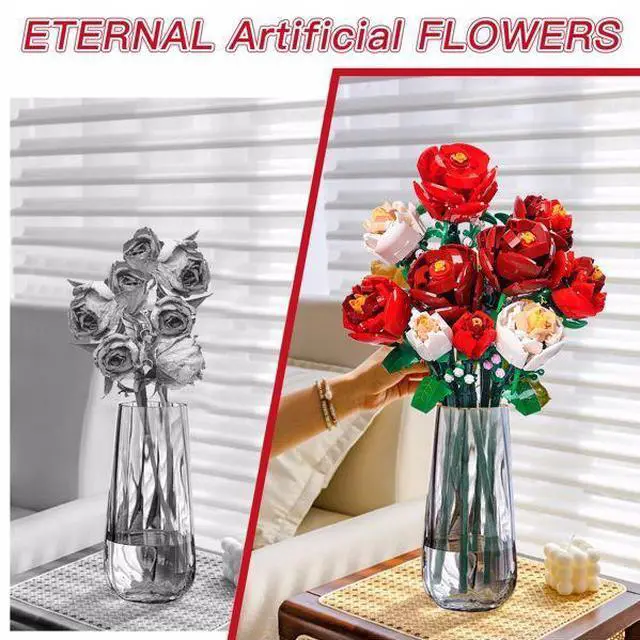 Alt view image 3 of 7 - FstNiceTed 9 Roses Artificial Flowers DIY Bouquet Building Block Set 818 PCS with Vase Decor for Kids Daughter Girlfriend Boyfriend Mom - Birthdays Gift