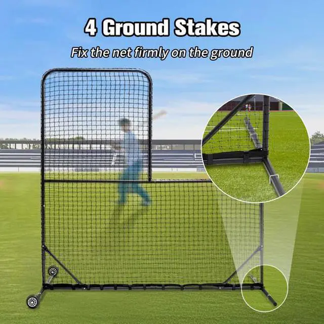 Alt view image 6 of 7 - FstNiceTed L-Shaped Baseball Net for Batting Cages, Baseball Pitching Net with Wheels - 84''H x 84''W, with 42'' x 42'' Cutouts,include Carry Bag