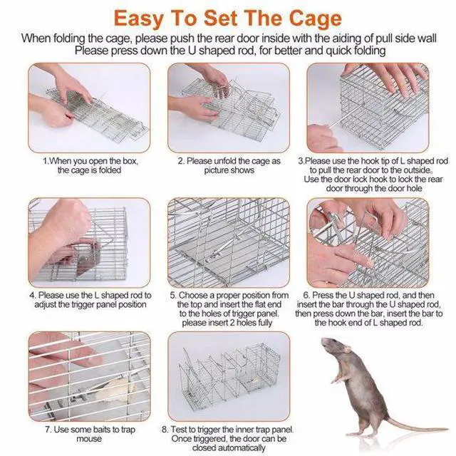 Alt view image 3 of 7 - FstNiceTed Foldable Rat Trap Cage Humane Live Rodent Trap Cage Galvanized Iron Mice Mouse Control Bait Catch with Detachable L Shaped Rod