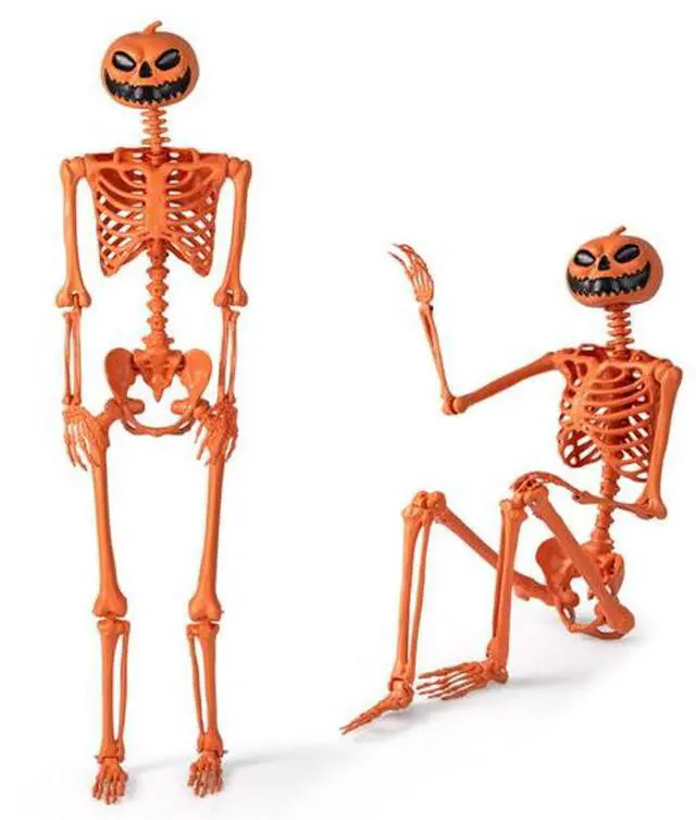 Alt view image 6 of 7 - FstNiceTed 5.5ft Life-Size Halloween Skeleton with Pumpkin Head - Orange Color, Fully Poseable Joints (Jaw/Shoulders/Knees), PP+PE Material