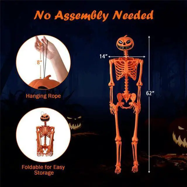 Alt view image 5 of 7 - FstNiceTed 5.5ft Life-Size Halloween Skeleton with Pumpkin Head - Orange Color, Fully Poseable Joints (Jaw/Shoulders/Knees), PP+PE Material