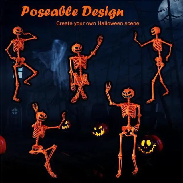 Alt view image 4 of 7 - FstNiceTed 5.5ft Life-Size Halloween Skeleton with Pumpkin Head - Orange Color, Fully Poseable Joints (Jaw/Shoulders/Knees), PP+PE Material