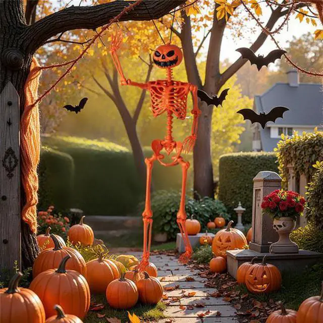 Alt view image 7 of 7 - FstNiceTed 5.5ft Life-Size Halloween Skeleton with Pumpkin Head - Orange Color, Fully Poseable Joints (Jaw/Shoulders/Knees), PP+PE Material