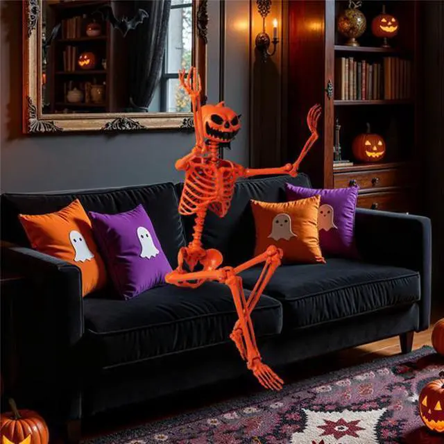 Alt view image 3 of 7 - FstNiceTed 5.5ft Life-Size Halloween Skeleton with Pumpkin Head - Orange Color, Fully Poseable Joints (Jaw/Shoulders/Knees), PP+PE Material