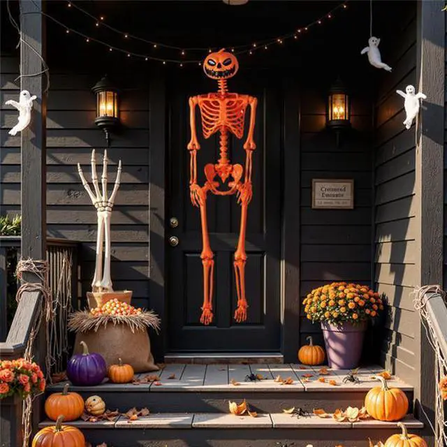 Main image of FstNiceTed 5.5ft Life-Size Halloween Skeleton with Pumpkin Head - Orange Color, Fully Poseable Joints (Jaw/Shoulders/Knees), PP+PE Material