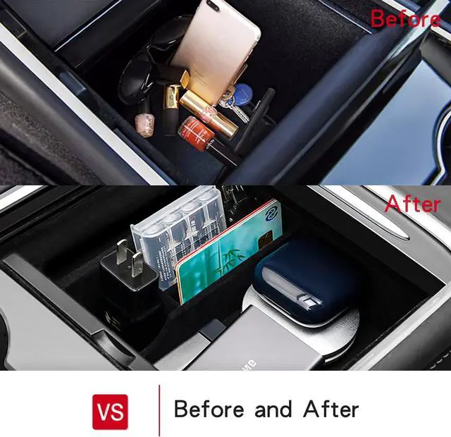 Alt view image 2 of 7 - Arcoche Tesla Center Console Organizer Tray fit 2021 Model 3 Model Y Storage Box ABS Armrest Accessories Interior Parts (Flocked)