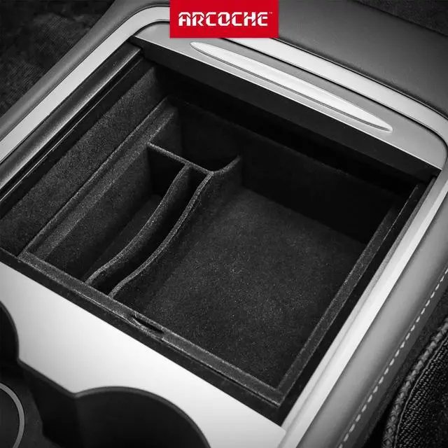 Alt view image 6 of 7 - Arcoche Tesla Center Console Organizer Tray fit 2021 Model 3 Model Y Storage Box ABS Armrest Accessories Interior Parts (Flocked)