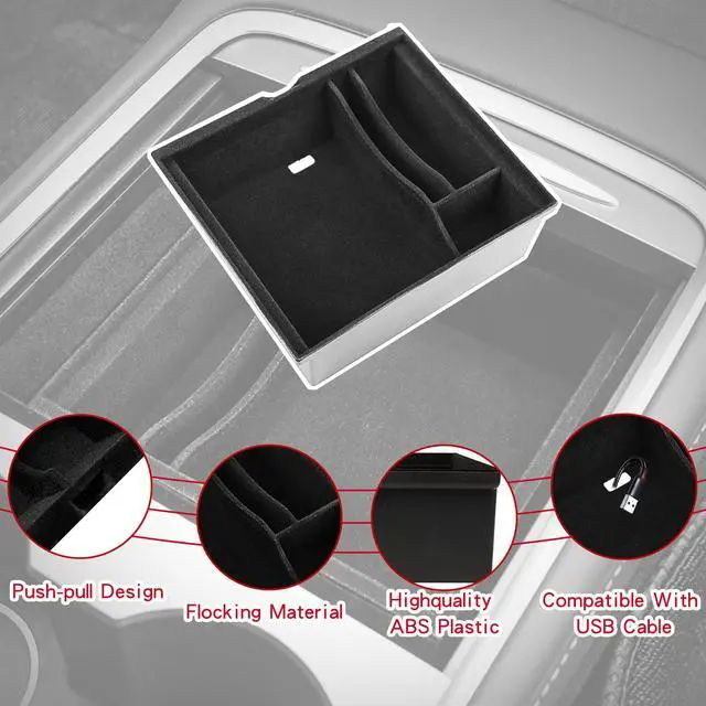 Alt view image 4 of 7 - Arcoche Tesla Center Console Organizer Tray fit 2021 Model 3 Model Y Storage Box ABS Armrest Accessories Interior Parts (Flocked)