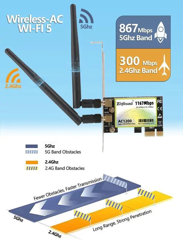 Alt view image 3 of 6 - Ziyituod PCIe WiFi Card for PC Gaming Streaming, Intel Wireless-AC 7265 Dual Band WiFi Adapter 802.11AC WiFi 5 1200Mbps ((2.4GHz 300Mbps and 5GHz 867Mbps) for Linux Windows 11/10/8.1/8/7 (32/64-bit)