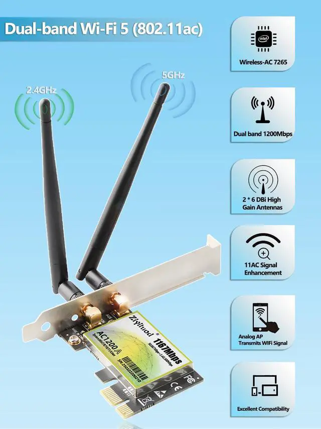 Alt view image 4 of 6 - Ziyituod PCIe WiFi Card for PC Gaming Streaming, Intel Wireless-AC 7265 Dual Band WiFi Adapter 802.11AC WiFi 5 1200Mbps ((2.4GHz 300Mbps and 5GHz 867Mbps) for Linux Windows 11/10/8.1/8/7 (32/64-bit)