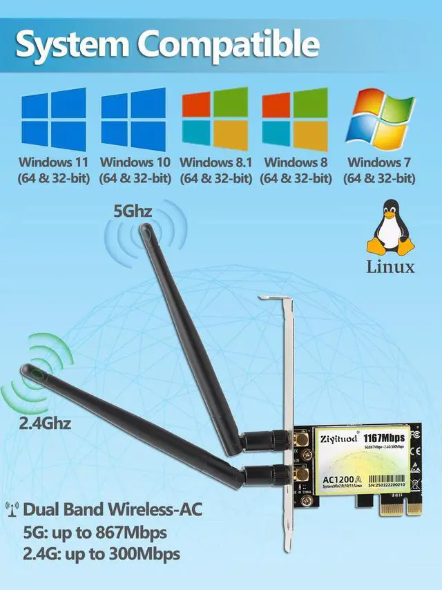 Alt view image 5 of 6 - Ziyituod PCIe WiFi Card for PC Gaming Streaming, Intel Wireless-AC 7265 Dual Band WiFi Adapter 802.11AC WiFi 5 1200Mbps ((2.4GHz 300Mbps and 5GHz 867Mbps) for Linux Windows 11/10/8.1/8/7 (32/64-bit)