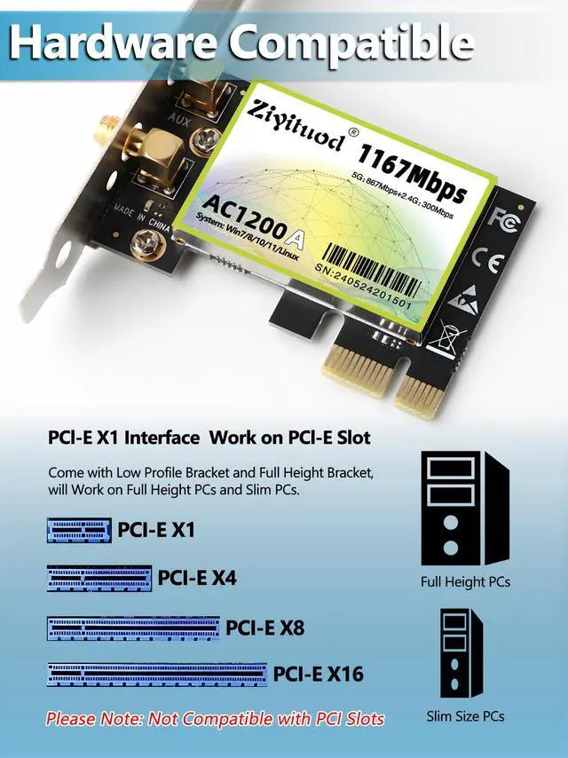 Alt view image 6 of 6 - Ziyituod PCIe WiFi Card for PC Gaming Streaming, Intel Wireless-AC 7265 Dual Band WiFi Adapter 802.11AC WiFi 5 1200Mbps ((2.4GHz 300Mbps and 5GHz 867Mbps) for Linux Windows 11/10/8.1/8/7 (32/64-bit)