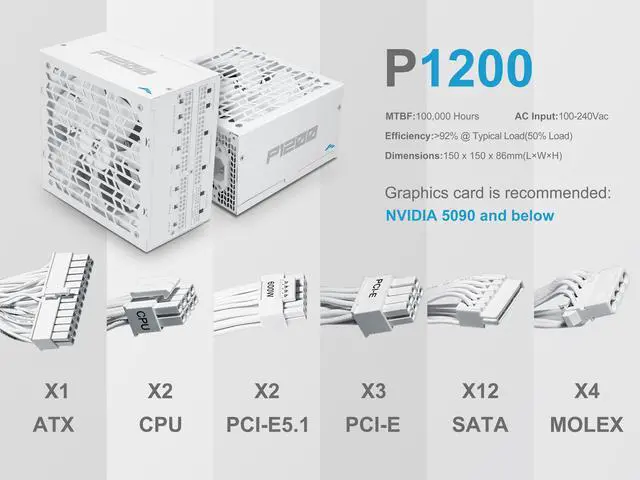 Alt view image 7 of 7 - SAMA P1200W ATX 3.1 Power Supply, 1200W 80 PLUS & Cybenetics Platinum certification, PCIE 5.1 Ready, Full Modular, 1200W Gaming PSU, Premium Japanese Capacitor, FDB Fan, White version