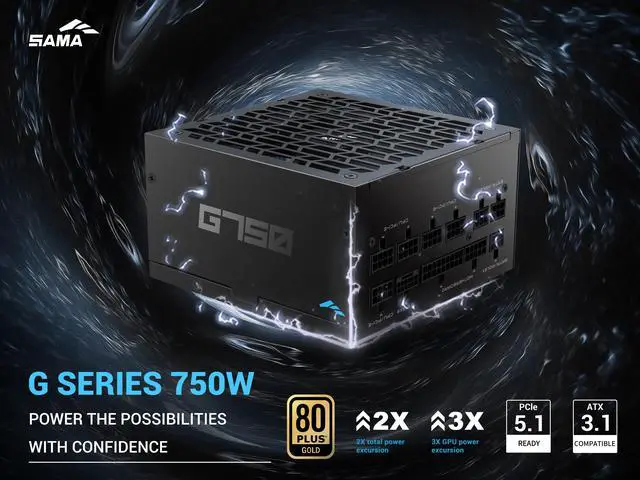 Alt view image 2 of 7 - SAMA G750W ATX 3.1 Power Supply, 80+ Gold Efficiency, PCIE 5.1 Ready, Full Modular, 750W Power Supply, Japanese Capacitors, FDB Fan, Black version