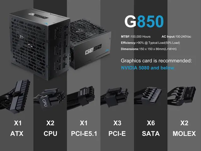Alt view image 7 of 7 - SAMA G850W ATX 3.1 Power Supply, 80+ Gold Efficiency, PCIE 5.1 Ready, Full Modular, 850W Power Supply, Japanese Capacitors, FDB Fan, Black version