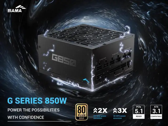 Alt view image 2 of 7 - SAMA G850W ATX 3.1 Power Supply, 80+ Gold Efficiency, PCIE 5.1 Ready, Full Modular, 850W Power Supply, Japanese Capacitors, FDB Fan, Black version