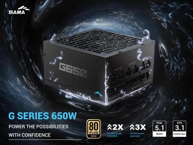 Alt view image 2 of 7 - SAMA G650W ATX 3.1 Power Supply, 80+ Gold Efficiency, PCIE 5.1 Ready, Full Modular, 650W Power Supply, Japanese Capacitors, FDB Fan, Black version