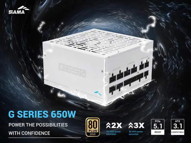 Alt view image 2 of 7 - SAMA G650W ATX 3.1 Power Supply, 80+ Gold Efficiency, PCIE 5.1 Ready, Full Modular, 650W Power Supply, Japanese Capacitors, FDB Fan, White version
