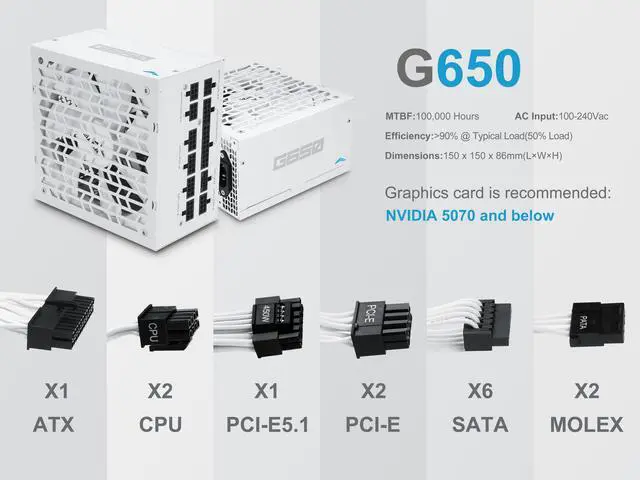 Alt view image 7 of 7 - SAMA G650W ATX 3.1 Power Supply, 80+ Gold Efficiency, PCIE 5.1 Ready, Full Modular, 650W Power Supply, Japanese Capacitors, FDB Fan, White version