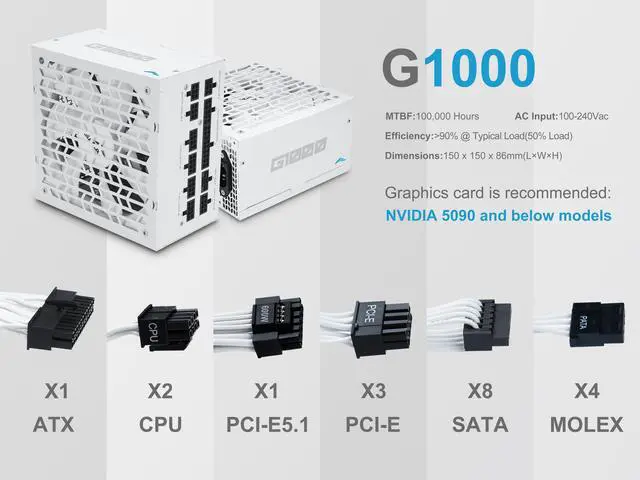 Alt view image 7 of 7 - SAMA G1000W ATX 3.1 Power Supply, 80 PLUS Gold & Cybenetics Platinum Certified, PCIE 5.1 Ready, Full Modular, 1000W Power Supply, Japanese Capacitors, FDB Fan, White version