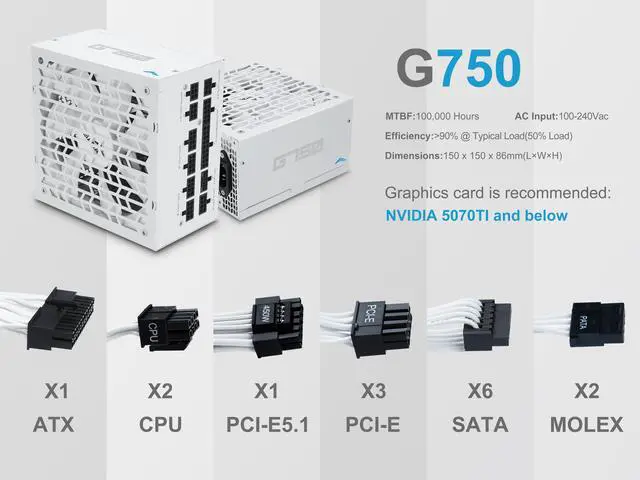 Alt view image 7 of 7 - SAMA G750W ATX 3.1 Power Supply, 80+ Gold Efficiency, PCIE 5.1 Ready, Full Modular, 750W Power Supply, Japanese Capacitors, FDB Fan, White version