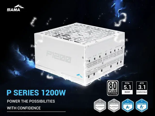 Alt view image 2 of 7 - SAMA P1200W ATX 3.1 Power Supply, 1200W 80 PLUS & Cybenetics Platinum certification, PCIE 5.1 Ready, Full Modular, 1200W Gaming PSU, Premium Japanese Capacitor, FDB Fan, White version