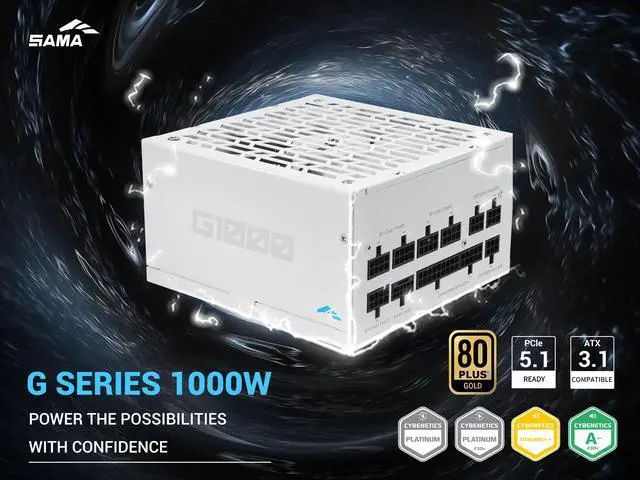 Alt view image 2 of 7 - SAMA G1000W ATX 3.1 Power Supply, 80 PLUS Gold & Cybenetics Platinum Certified, PCIE 5.1 Ready, Full Modular, 1000W Power Supply, Japanese Capacitors, FDB Fan, White version