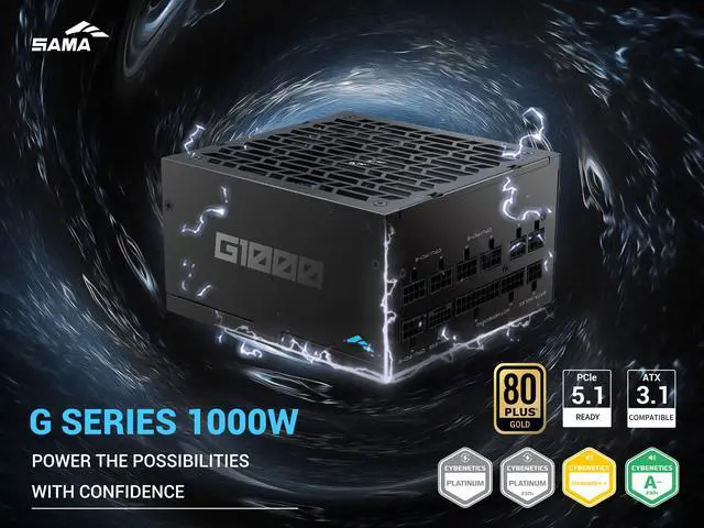 Alt view image 2 of 7 - SAMA G1000W ATX 3.1 Power Supply, 80 PLUS Gold & Cybenetics Platinum Certified, PCIE 5.1 Ready, Full Modular, 1000W Power Supply, Japanese Capacitors, FDB Fan, Black version