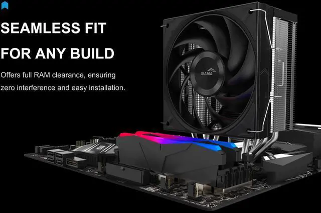 Alt view image 6 of 7 - SAMA A40E CPU Air Cooler, 240W TDP, Single Tower with Direct-Touch Heat Pipes, 120mm PWM Fan, Brushed Metal Top, AM5/AM4 & LGA 1851/1700 Compatible, Quiet Performance, Silver