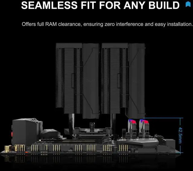 Alt view image 6 of 7 - SAMA A60B CPU Air Cooler-Dual Tower,2×120mm PWM Fans with Guide Ring, 6 Direct-Touch Heat Pipes, Micro-Convex Copper Base, 265W TDP, Intel LGA1700/1200/115X/1851 & AMD AM4/AM5, Black, Low Noise