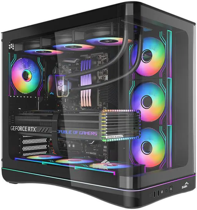 Main image of SAMA V62 Mid-Tower PC Case, 7x120mm Pre-Installed ARGB PWM Fans, 4mm Tempered Glass, USB 3.1 Type-C & USB 3.0 Ports, 7 Slots, Support ATX/MATX/ITX, Back-Connect Ready, Black