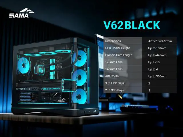Alt view image 3 of 8 - SAMA V62 Mid-Tower PC Case, 7x120mm Pre-Installed ARGB PWM Fans, 4mm Tempered Glass, USB 3.1 Type-C & USB 3.0 Ports, 7 Slots, Support ATX/MATX/ITX, Back-Connect Ready, Black