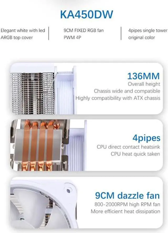 Alt view image 4 of 7 - SAMA KA450DW RGB CPU Air Cooler 9cm PWM Fan 4 Copper Heat Pipes For AMD/Intel Universal Computer Cooling Radiator White