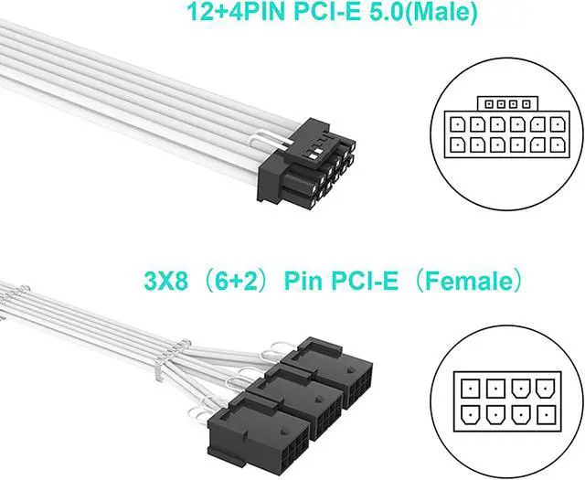 Alt view image 6 of 7 - SAMA PCI-E 5.0 GPU PSU Cable 12+4pin to 3×8PIN 12VHPWR Sleeved Extension Cable Plug Connector 340mm 16AWG Power Supply Cable for RTX 3090Ti 4070 4080 White