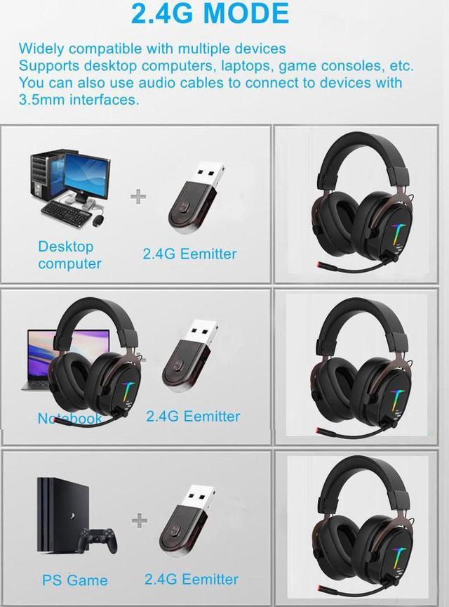 Alt view image 7 of 7 - SAMA G1000 Gaming Headphone 2.4G Bluetooth Wireless Noise Cancelling Surround Sound  RGB Headset Detachable Microphone Ear Headphones For PS4 PC XBOX PS5 Black