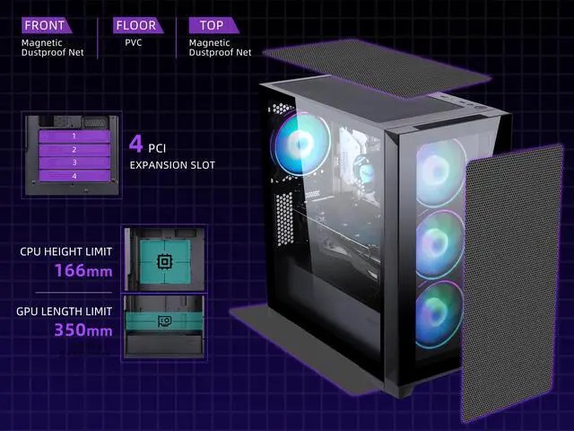 Alt view image 3 of 7 - SAMA AM07 Tempered Glass Micro-ATX Mid Tower Gaming Computer Case,Support M-ATX/ITX Motherboard, 4 ×120mm ARGB Fans Pre-Installed