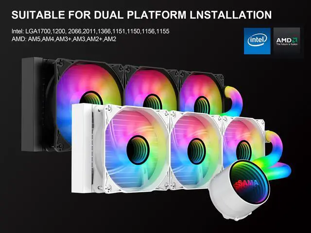 Alt view image 5 of 7 - SAMA PS360 White AIO Liquid Cooler 360mm ARGB CPU Radiator with Infinity Mirror PWM Fans ARGB Effects Tube Water Cooler