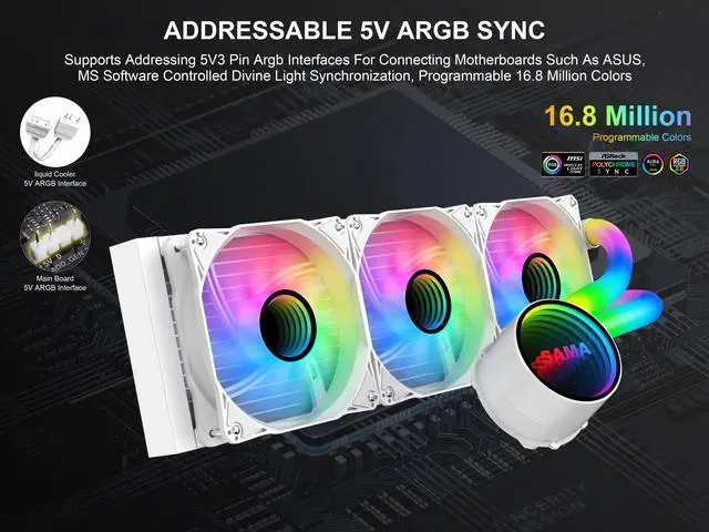 Alt view image 3 of 7 - SAMA PS360 White AIO Liquid Cooler 360mm ARGB CPU Radiator with Infinity Mirror PWM Fans ARGB Effects Tube Water Cooler