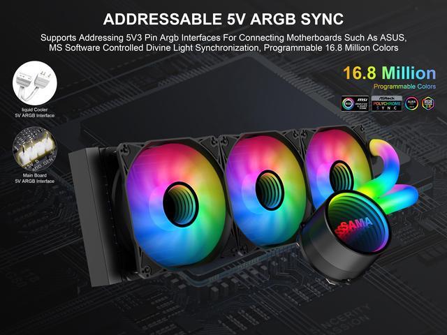 PS360 Black Liquid Cooler 360mm AIO Radiator ARGB Effects Tube with 3x120mm  Addressable RGB PWM Fans Infinity Mirror Fans