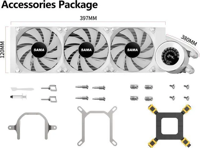 Alt view image 6 of 7 - SAMA T360 White liquid Cooler 360mm ARGB AIO Radiator LCD Temperature Display Screen CPU Cooler with PWM Silent Fans