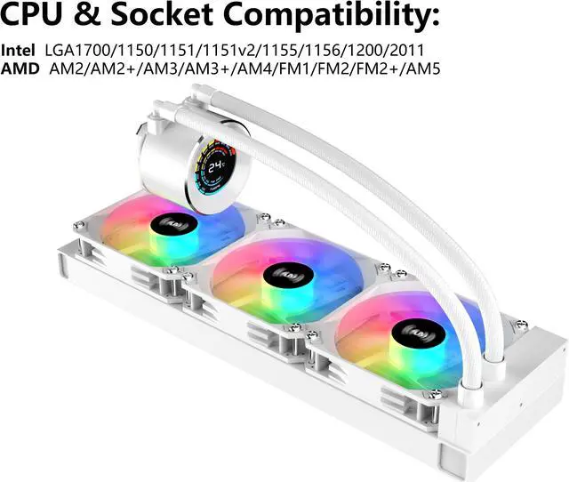 Alt view image 5 of 7 - SAMA T360 White liquid Cooler 360mm ARGB AIO Radiator LCD Temperature Display Screen CPU Cooler with PWM Silent Fans
